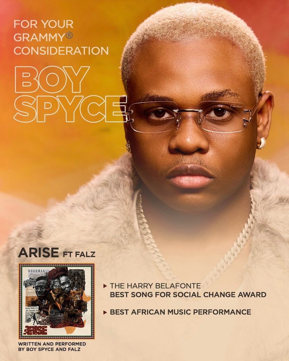 AlbumTalksHQ's tweet photo. 🏆Boy SPYCE submits his record “Arise” ft. Falz for GRAMMYs consideration

• The Harry Belafonte BEST SONG FOR SOCIAL CHANGE AWARD

• BEST AFRICAN MUSIC PERFORMANCE https://t.co/tGsMQ7o0tn