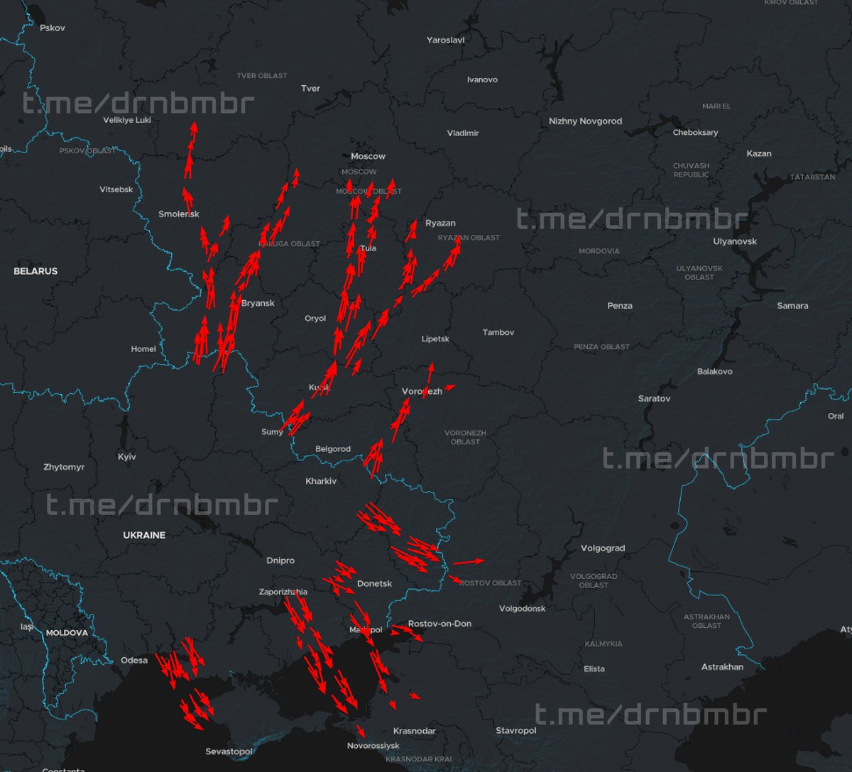 DrnBmbr's tweet photo. 🇺🇦 22:10 | 17/09

Approximate flight routes of our UAVs:

🔴 Red arrows — directions of strike UAV movement;

According to Russian sources, around 360 drones were reported, though these estimates and the displayed routes remain highly approximate. https://t.co/fFKZXXo8QV