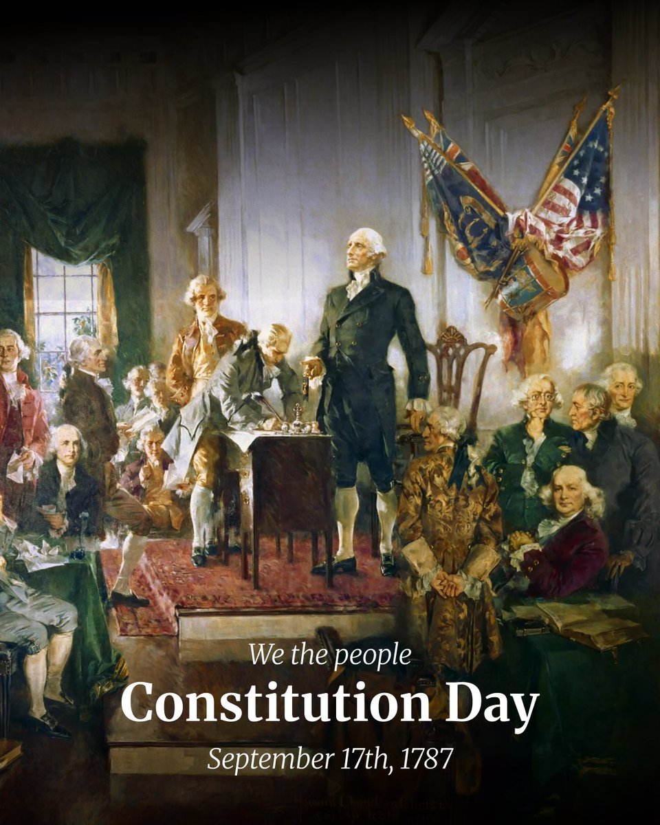 JaceYarbrough's tweet photo. On September 17, 1787, our Founding Fathers gathered at Independence Hall to proclaim in a single governing document their resolve to form a more perfect Union.

That our government is established in justice, to ensure domestic tranquility, our national defense, and the welfare of all our citizens, is not a coincidence.

It is the culmination of a more than two-thousand-year history of Western Civilization. Our heritage of liberty as Americans stretches back to the precious gift of freedom that Christ bestowed through his sacrifice on the cross.

The Constitution was made to serve the American people. To help better preserve our nation. To ensure that the blessings of liberty would be retained for both ourselves and our posterity.

Today we reflect on the Constitution and rededicate ourselves to the fight for liberty, against the rising threats that face our State and Civilization.

Happy Constitution Day.