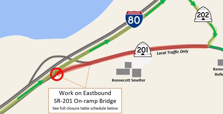 UDOTRegionTwo's tweet photo. UDOT's repairing bridge decks on SR-201. Eastbound SR-201 on-ramp closure at I-80 starts Fri, Sept 18 @ 8 p.m. through Mon, Sept 21 @ 3 a.m. Add'l weekend closures planned through mid-October. Detour via SR-202. More info: https://t.co/xf1ZIFfNrf
 #UDOT #UtahTraffic #TooeleCounty https://t.co/ALNMb6lLhK