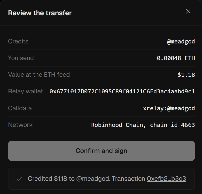 xRelayProtocol's tweet photo. Hey @MEADGod we've sent you a symbolic 1$ 

to showcase that @xRelayProtocol is functional, would mind claiming it?

$XRELAY | https://t.co/0QoFrHwvdm

CA:0x81222b281b77ca86cb5008fd30e7791f884e0ba7 https://t.co/CWja04e5Xl