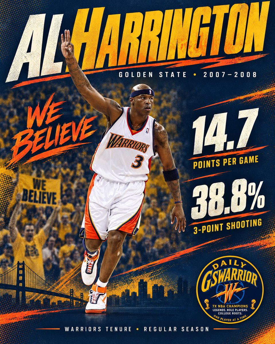 DailyGSWarrior's tweet photo. Let's celebrate a crucial piece of the legendary "We Believe" roster! 🌩️🏀

Arriving via a mid-season trade in 2006-07, Al Harrington was the ultimate floor-spacing big man. Wearing #3, the 6'9" forward shot 41.7% from deep down the stretch, helping the Dubs shock the world and take down the #1 seed!

What is your favorite memory of Harrington in Oakland? #DubNation