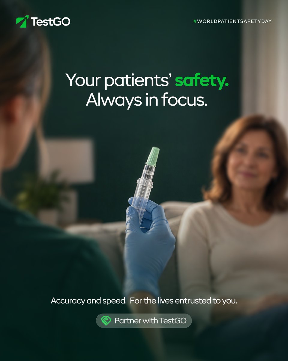 TestGo_Official's tweet photo. Behind every result is a person.

This World Patient Safety Day, TestGO supports healthcare partners with accurate testing, timely results and dependable diagnostic support.

Partner with TestGO: (913) 435 3535.

#TestGO #WorldPatientSafetyDay https://t.co/KAw9FixUgd