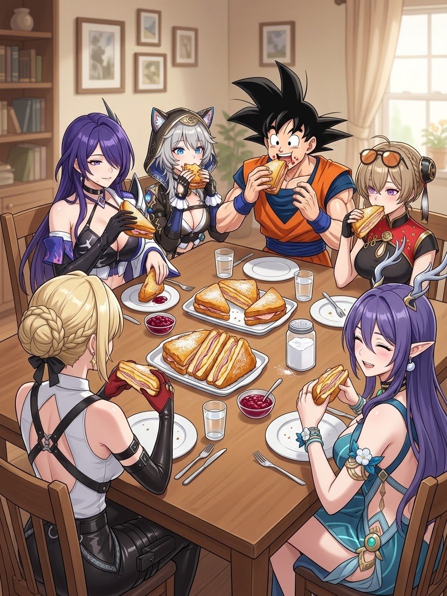 BrianJesusChav1's tweet photo. Sándwich Monte Cristo:
Comiendo Sándwich Monte Cristo (sándwich frito de pavo, jamón y queso empanizado, servido con azúcar glas o mermelada) en casa.
#AIArt #Anime #DragonBallSuper #Evelyn #SonGoku #SandwichMonteCristo #ZZZ #HSR #Konosuba #WeNeverLearn #GI https://t.co/CaXGWp7h4m