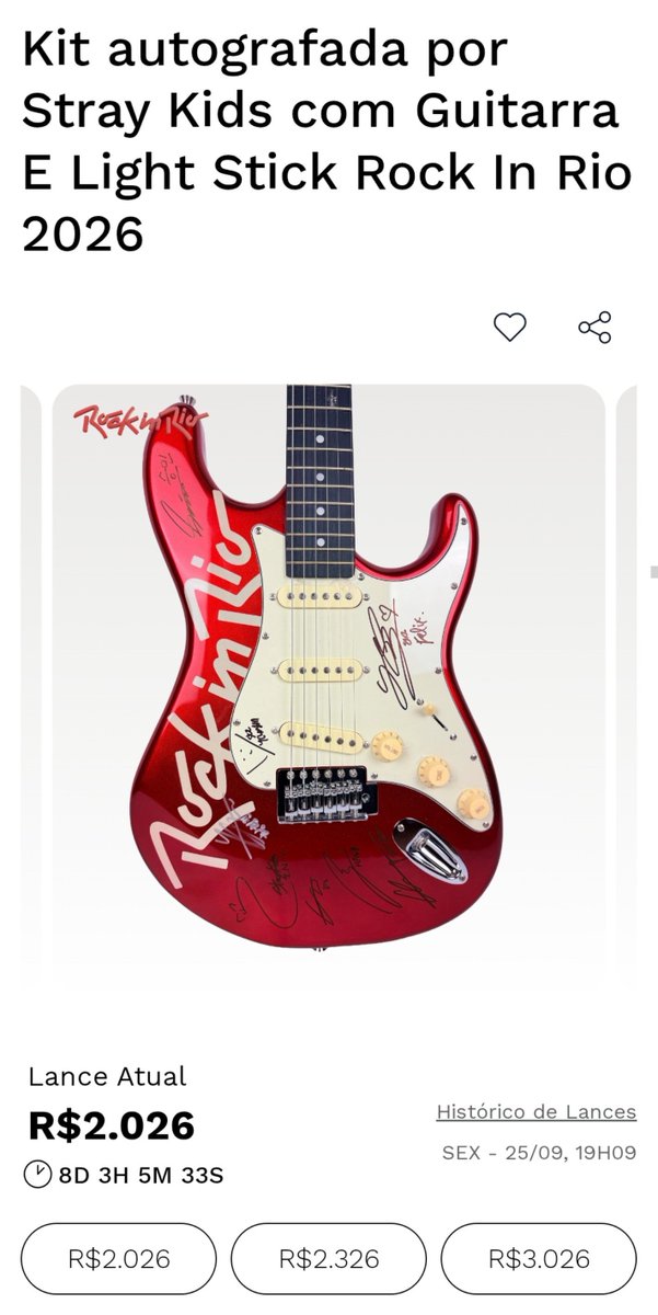 innievideos's tweet photo. stray kids signed a guitar for the auction, the “fans for change” auction has begun, and all items autographed by artists at rock in rio are donated to the Ação da Cidadania cause, the proceeds continue to provide food, care, and dignity to everyone who needs. so far, the amount stands at 2,000 reais (390 dollars) and it ends on the 25th