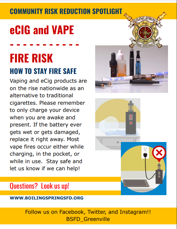 BSFD_Greenville's tweet photo. @bsfd_greenville Community, vapes and e-cigs commonly use lithium-ion batteries. Use the manufacturer-recommended charger, charge on a hard surface, and never charge overnight or unattended.
#BatterySafety #FireSafety #CommunityRiskReduction #CORE https://t.co/5I6Jmb7DsL