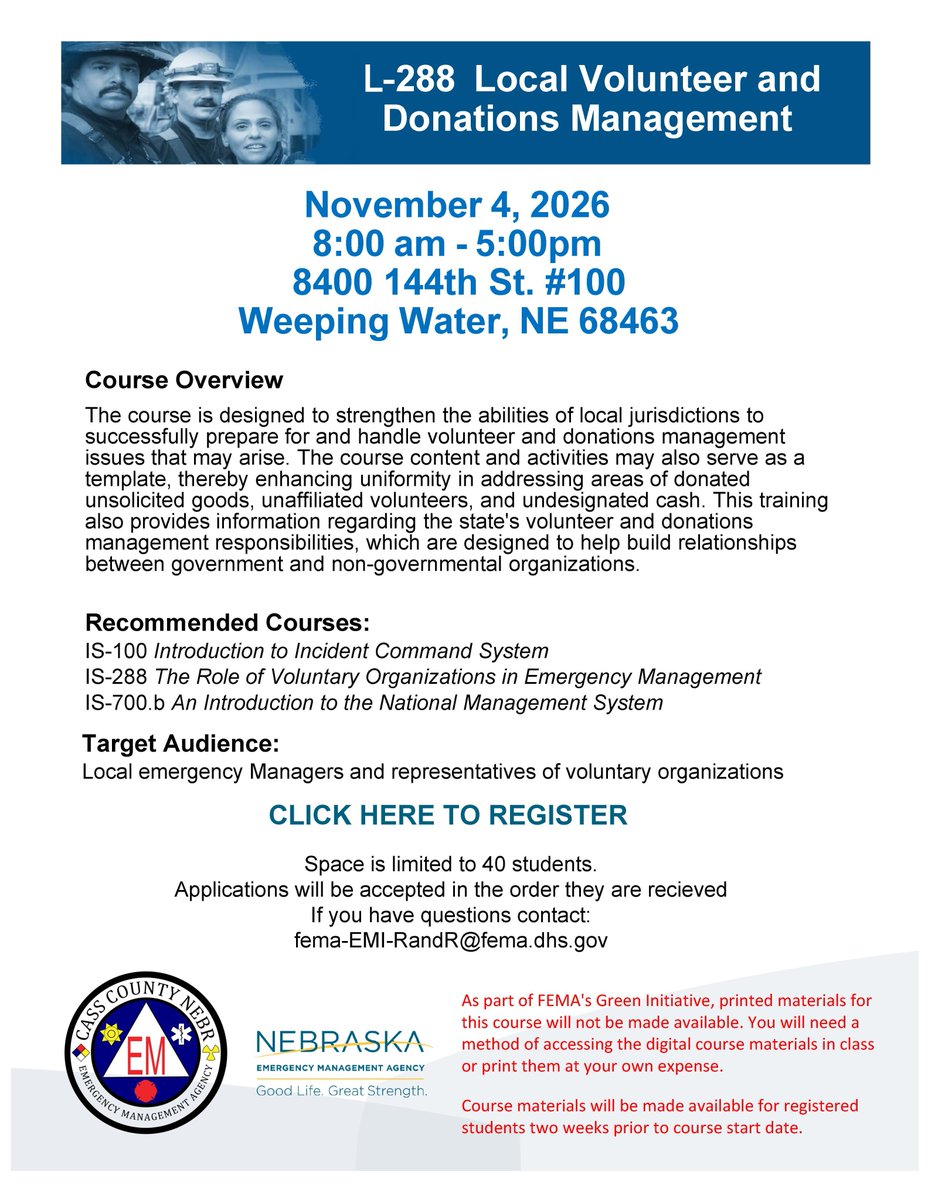 NEMAtweets's tweet photo. 📢Upcoming training opportunities in Weeping Water, NE!

Nov. 4: L-228 – Local Volunteer &amp; Donations Management
Nov. 5: L-489 – Management of Spontaneous Volunteers
🕗8 AM–5 PM both days

Register/info: https://t.co/ifRf4xPlsF https://t.co/rAzOUjKDwY