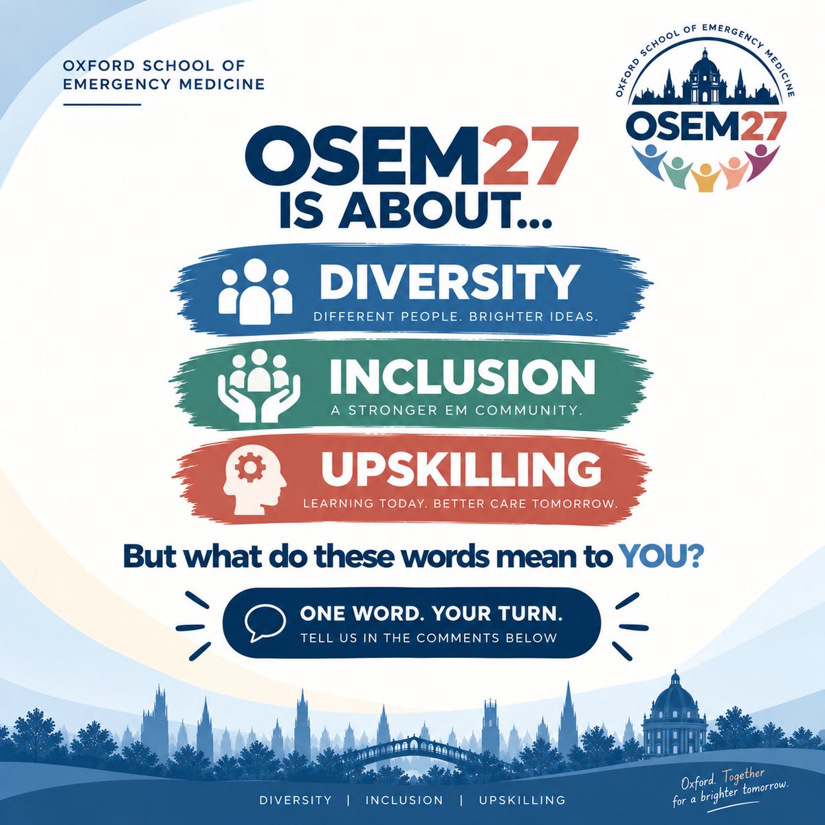 OSEM_Conference's tweet photo. Diversity. Inclusion. Upskilling.

Three ideas at the heart of OSEM27.

But what do they mean to you?

💬 One word. Your turn.

Tell us in the replies 👇

#OSEM27 #EmergencyMedicine #MedEd https://t.co/iHyFiIiODA