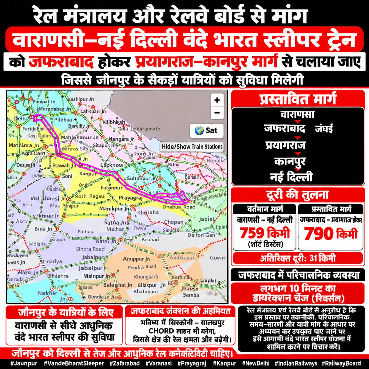 JRIV_Jaunpur's tweet photo. @RailMinIndia @RailwaySeva से अनुरोध है इस नईं वाराणसी से दिल्ली नईं स्लीपर वंदे भारत vai जफराबाद प्रयागराज रेल रूट पर संचालन किया जाए जौनपुर 56 लाख आबादी वाला बड़ा जिला है 2MP 9MLA चुनता है।
@AshwiniVaishnaw 
@drm_lko 
@GM_NRly 
@SeemaDwivediMP 
@SrDOMLKO 
@PriyaSarojMP https://t.co/4rR9z7ybdM