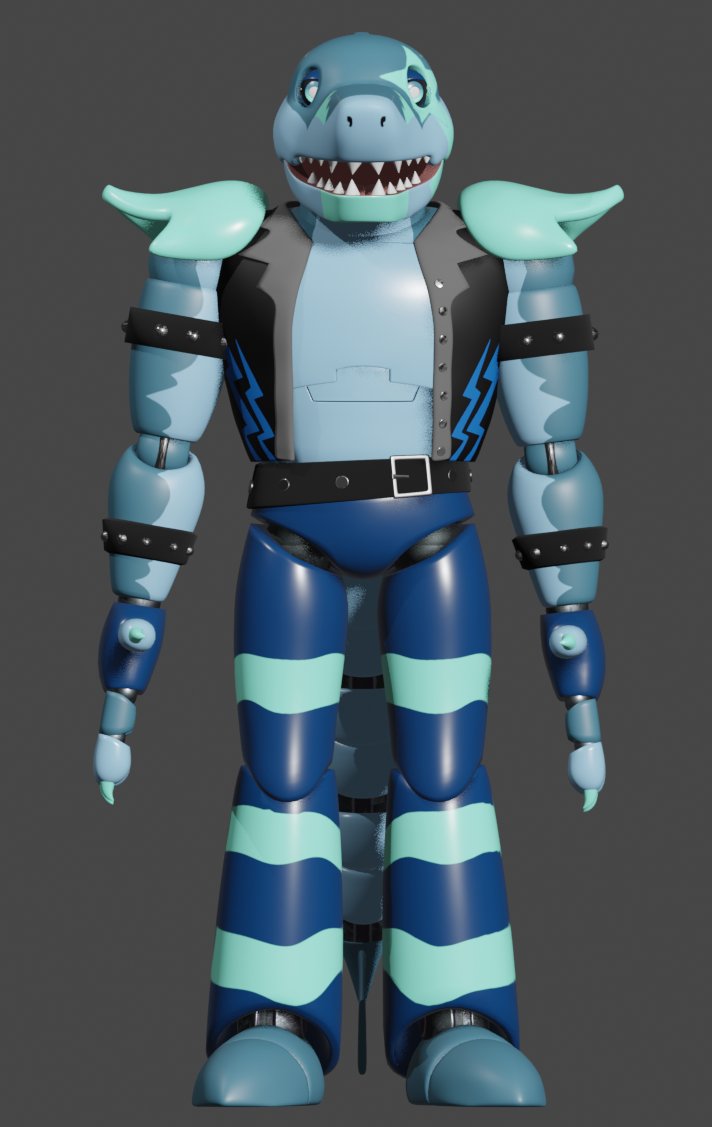 Tomahto_3d's tweet photo. A complete overhaul of this Glamrock Oc Sharky.
The original concept that kicked if all off was designed by @megashark590 I modeled the first version back in 2023 and he's been my main testing ground for everything I've learned in Blender since!

Nearly 𝟒 𝐲𝐞𝐚𝐫𝐬 of progress! https://t.co/HpsqHF8sOG