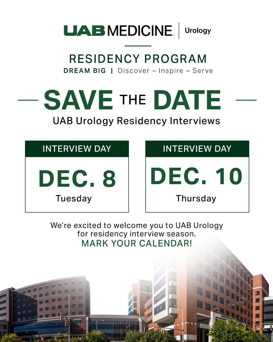 UABUrology's tweet photo. One week until the @UABHeersink Dept. of Urology Residency Program application deadline!

Apply by Sept. 23. Interviewees receive a one-night hotel stay covered by the department when traveling to Birmingham.

Learn more: https://t.co/mE62PczmEQ
Apply: https://t.co/Z6RSfyJdbB https://t.co/Pyb6dzUihK