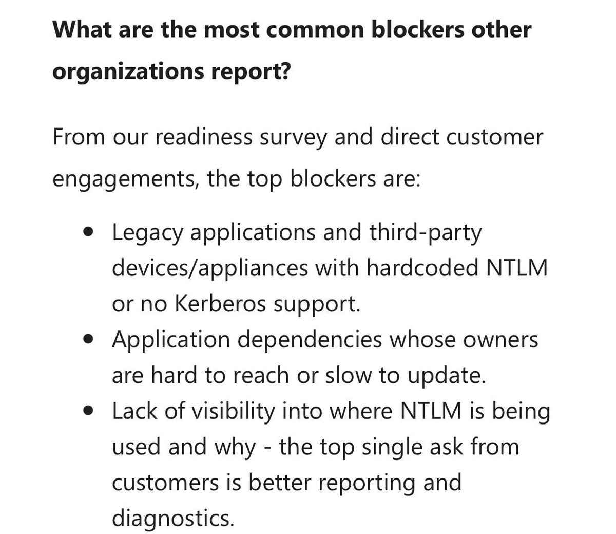 techspence's tweet photo. What breaks when NTLM is disabled and what are the most likely blockers you may have? 

See screenshots below..

And here’s a good source of info for NTLM deprecation procedures.

https://t.co/C4MWQMOJfp https://t.co/fN8ikyaqUt