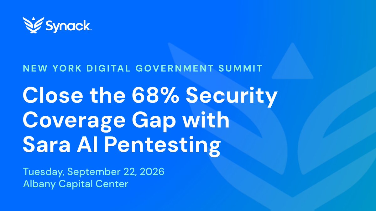 synack's tweet photo. Heading to GovTech’s New York Digital Government Summit on Tuesday, Sept 22 in Albany? 🏛️⚖️🛡️
Schedule time with Synack to discover how Sara AI Pentesting helps identify and remediate exploitable risk across your attack surface: https://t.co/44I0SuQjYp https://t.co/v5CODcwayW