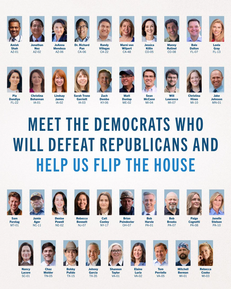 A graphic featuring the names, photos, and districts of various Democratic Congressional candidates. A headline reads: "Meet the Democrats who will defeat Republicans and help us flip the House."