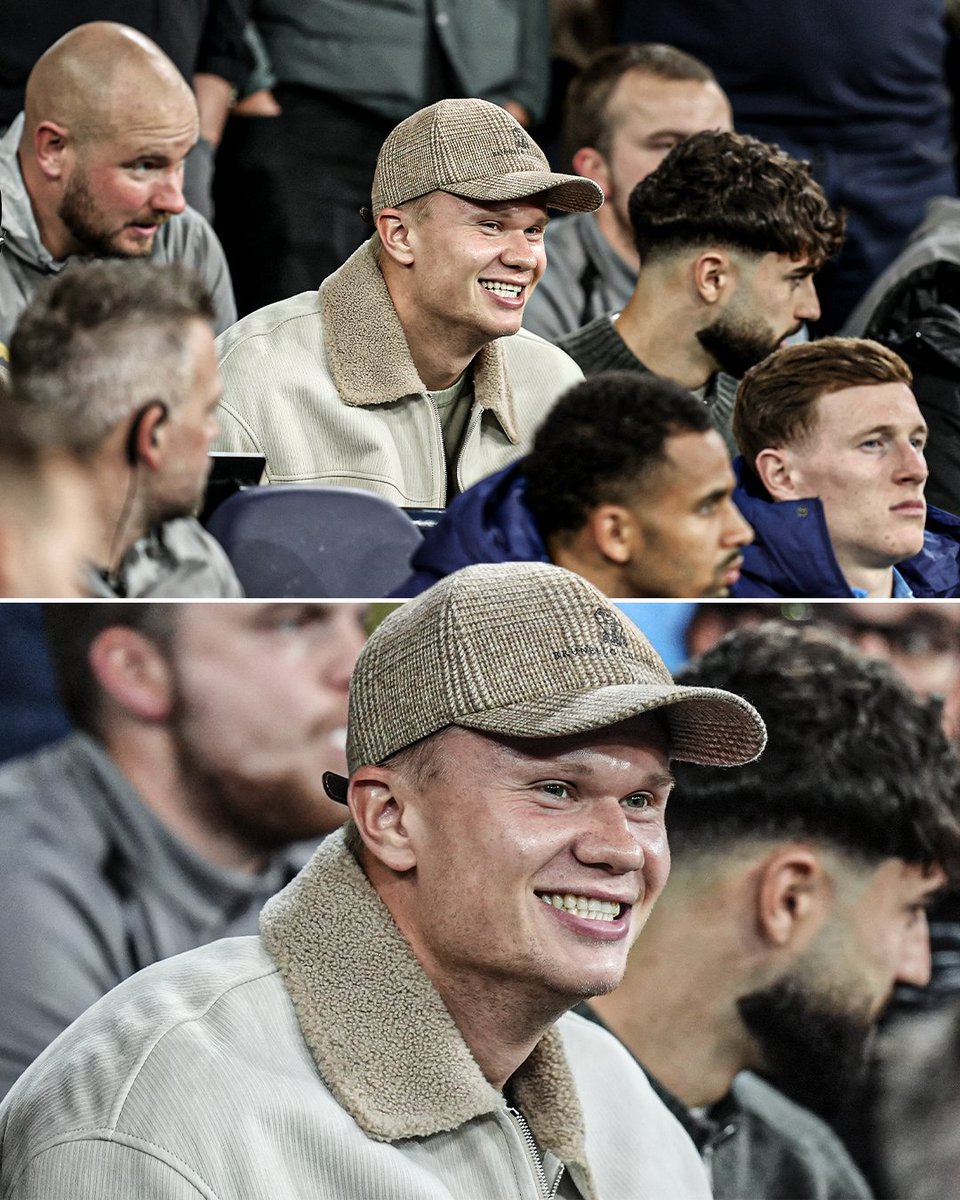 ESPNUK's tweet photo. Erling Haaland in the stands at the Etihad for Man City vs. Norwich 😆 https://t.co/Afrr5VBTUD