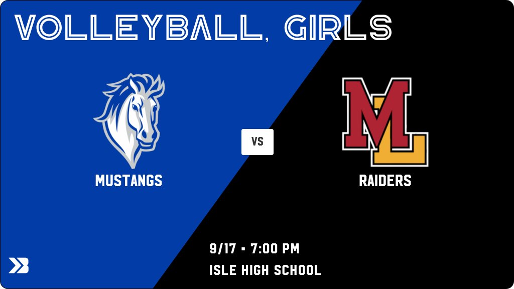 MoraMustangsMN's tweet photo. Volleyball, Girls (Varsity) Game Day! - Check out the event preview for the The Mora Mustangs vs The Mille Lacs Raiders. It starts at 7:00 PM and is at Isle High School High School Gym. https://t.co/ukzUp9rtOi