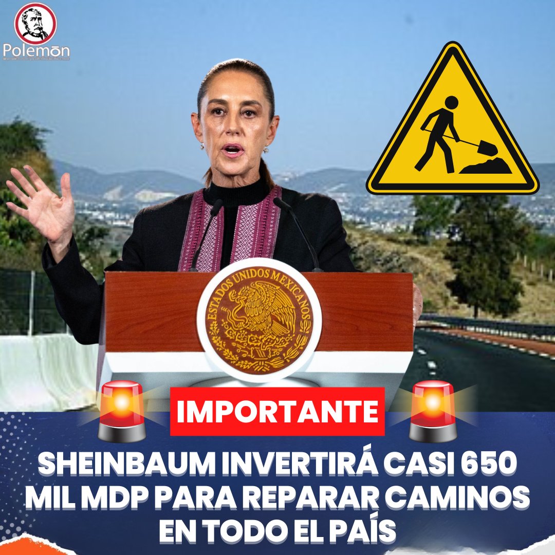 revistapolemon's tweet photo. 🚨#IMPORTANTE | El gobierno de la Presidenta @Claudiashein sigue avanzando en su Programa de Infraestructura Carretera, que contempla una inversión de 647 mil 832 millones de pesos para reparar 11 mil 366 kilómetros de caminos y carreteras durante el sexenio y así mejorar la conectividad, generar empleos e impulsar el desarrollo y el bienestar.

Durante la conferencia mañanera, la mandataria destacó que ya se concluyeron mil 796 kilómetros, equivalentes al 15% del programa, mientras que otros 4 mil 223 kilómetros se encuentran en proceso de construcción.

“Estamos ampliando para garantizar que haya caminos, que haya empleo, que haya obra pública, que haya desarrollo”, señaló Sheinbaum.

La Presidenta explicó que el programa combina inversión pública con esquemas de inversión mixta, que permiten incorporar recursos privados o de fondos privados sin que las carreteras dejen de ser públicas ni se conviertan en concesiones.

Se trata de mecanismos similares a los usados durante el gobierno del ex Presidente Andrés Manuel López Obrador y que, afirmó, su gobierno está ampliando para fortalecer la infraestructura y garantizar más obras en el país.

Por su parte, Banobras contempla 19 proyectos, con una inversión estimada de 213 mil 868 millones de pesos. De acuerdo con lo informado, estas obras permitirán generar alrededor de 177 mil 862 empleos directos y 144 mil 745 indirectos.

A la inversión destinada a nuevas obras y proyectos carreteros se suma el MegaBachetón, que cuenta con 50 mil millones de pesos para trabajos de reencarpetamiento y conservación de la Red Federal de Carreteras.