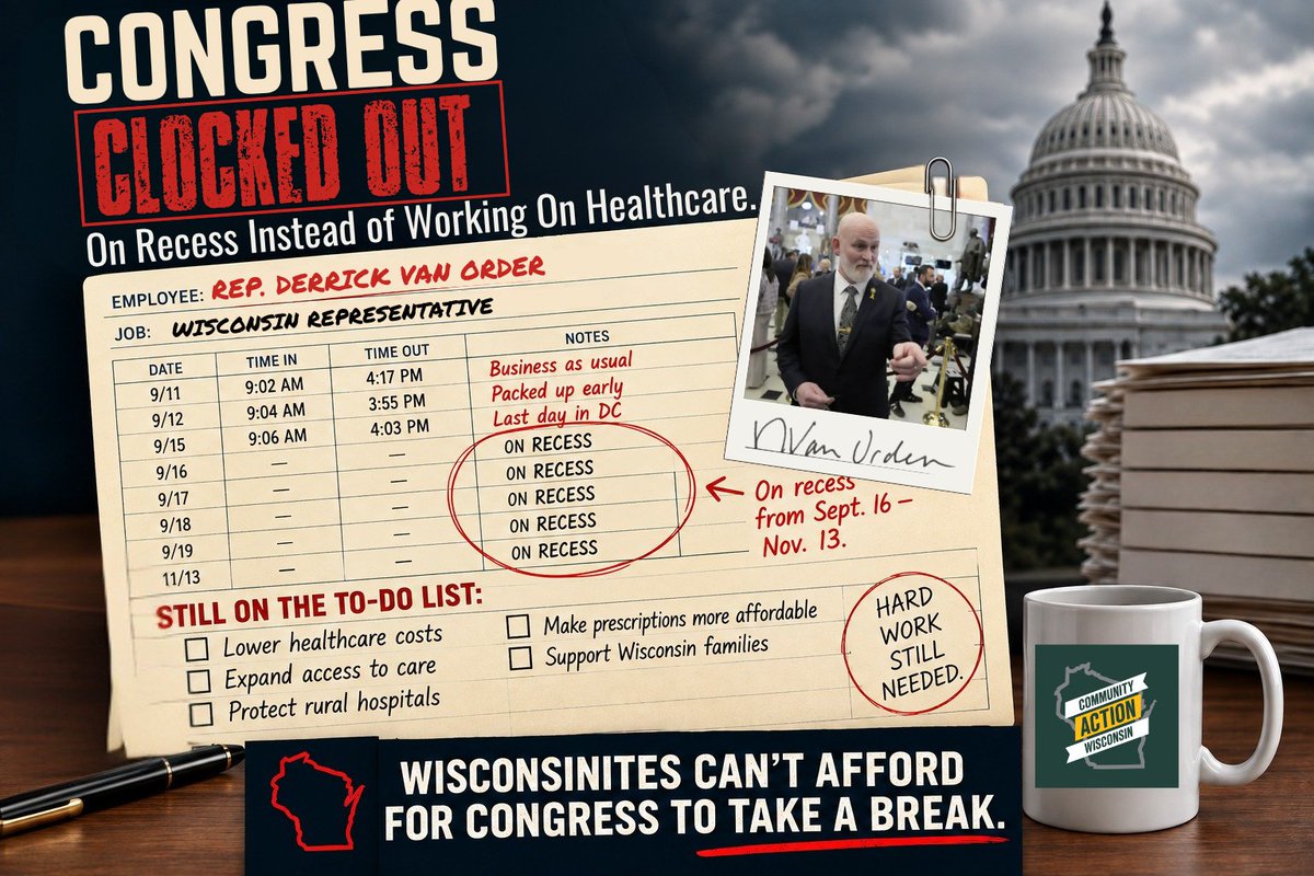 CommunityActWI's tweet photo. Congress clocked out, but WIs healthcare problems didn’t.

While Washington is on recess, people in La Crosse &amp; Eau Claire are considering Healthcare Action Plans focused on making care more affordable.

Healthcare costs don’t take a break. The work shouldn’t either. https://t.co/NYMs8xeGby