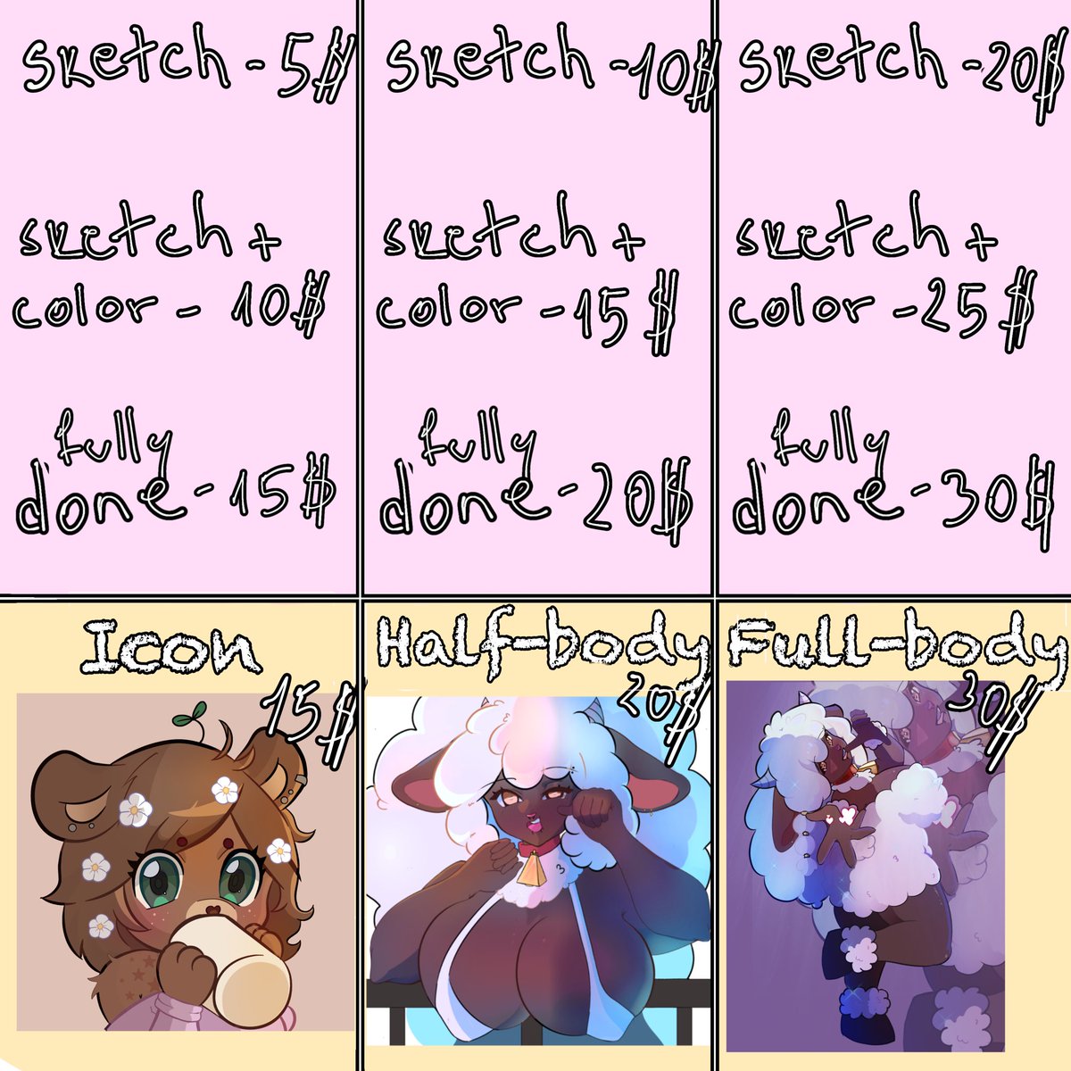 Strawzelle_crem's tweet photo. Comm sheet hehe 👀😋 

#furrycommission #furry #furryart #furryfyp #commission #art #drawing https://t.co/4WU5QVd1TE