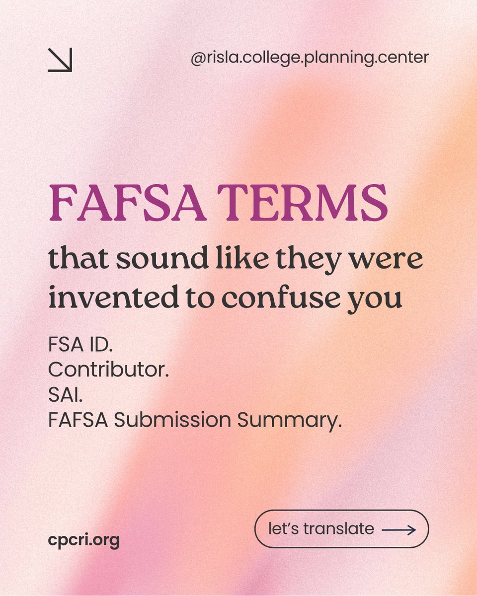 CPCRI's tweet photo. FAFSA has its own vocabulary, and understanding the terminology can make the process feel a whole lot less confusing.

🔖 Save this carousel for when FAFSA time rolls around... and if you have questions about how these terms apply to your situation, ask us! https://t.co/Zb8f6EWh65