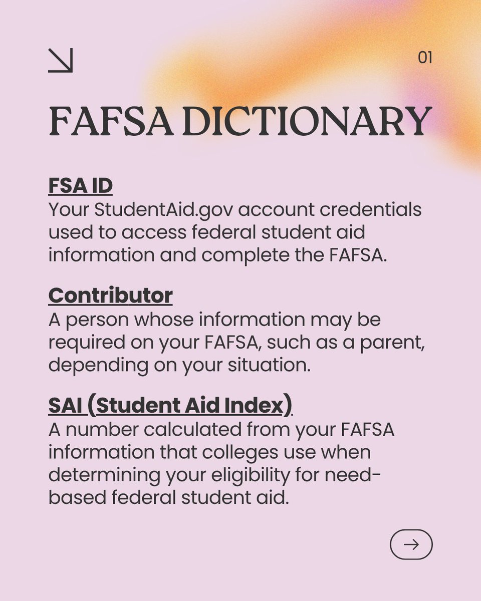 CPCRI's tweet photo. FAFSA has its own vocabulary, and understanding the terminology can make the process feel a whole lot less confusing.

🔖 Save this carousel for when FAFSA time rolls around... and if you have questions about how these terms apply to your situation, ask us! https://t.co/Zb8f6EWh65