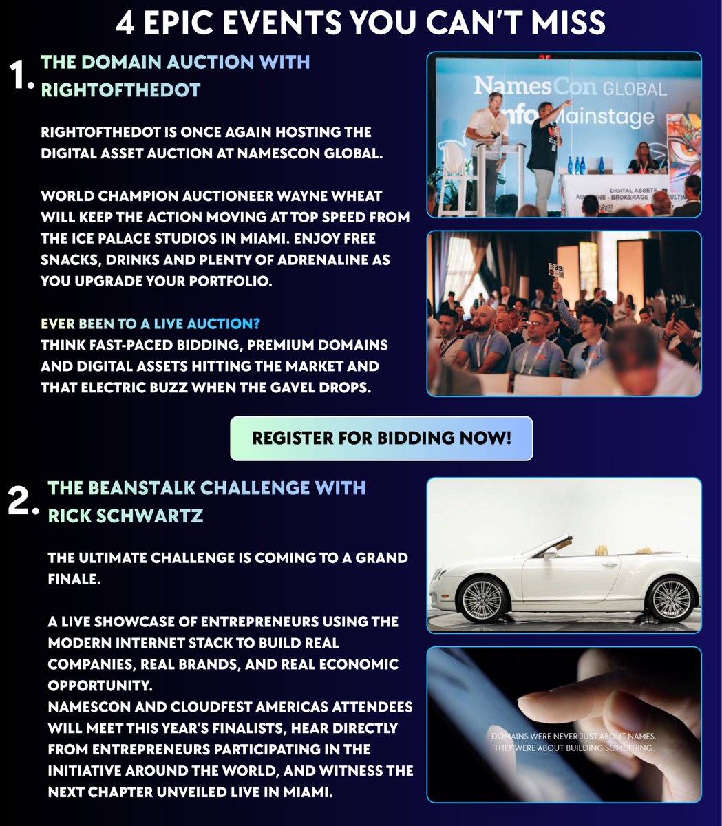 NamesCon's tweet photo. Check out these epic, can't miss events coming to Miami this November. 

@RIGHToftheDOT is bringing the can’t-miss domain auction back to #NamesCon Global and CloudFest Americas in Miami on Nov. 11!

This is where the internet’s most coveted digital real estate goes under the hammer, and fortunes change hands in real time. 

Register for bidding now: https://t.co/ILvvBsxQ0V