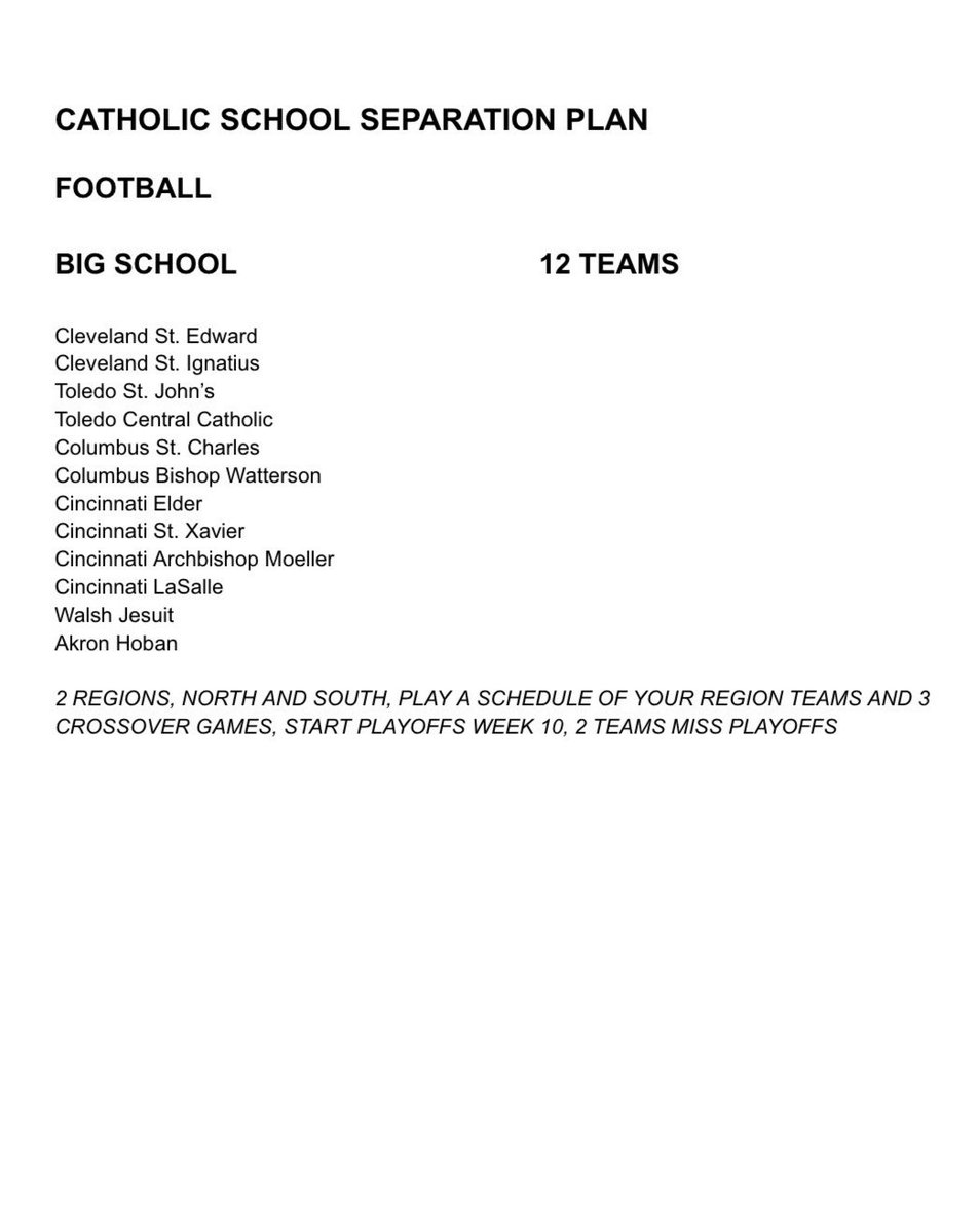 SportsBoyTony's tweet photo. I’m told Ohio Catholic schools have been working on various plans to leave the OHSAA if public schools force a playoff split, citing growing scheduling challenges. This would be a transformational change to high school athletics in the Buckeye state https://t.co/VMVgCL7dJY