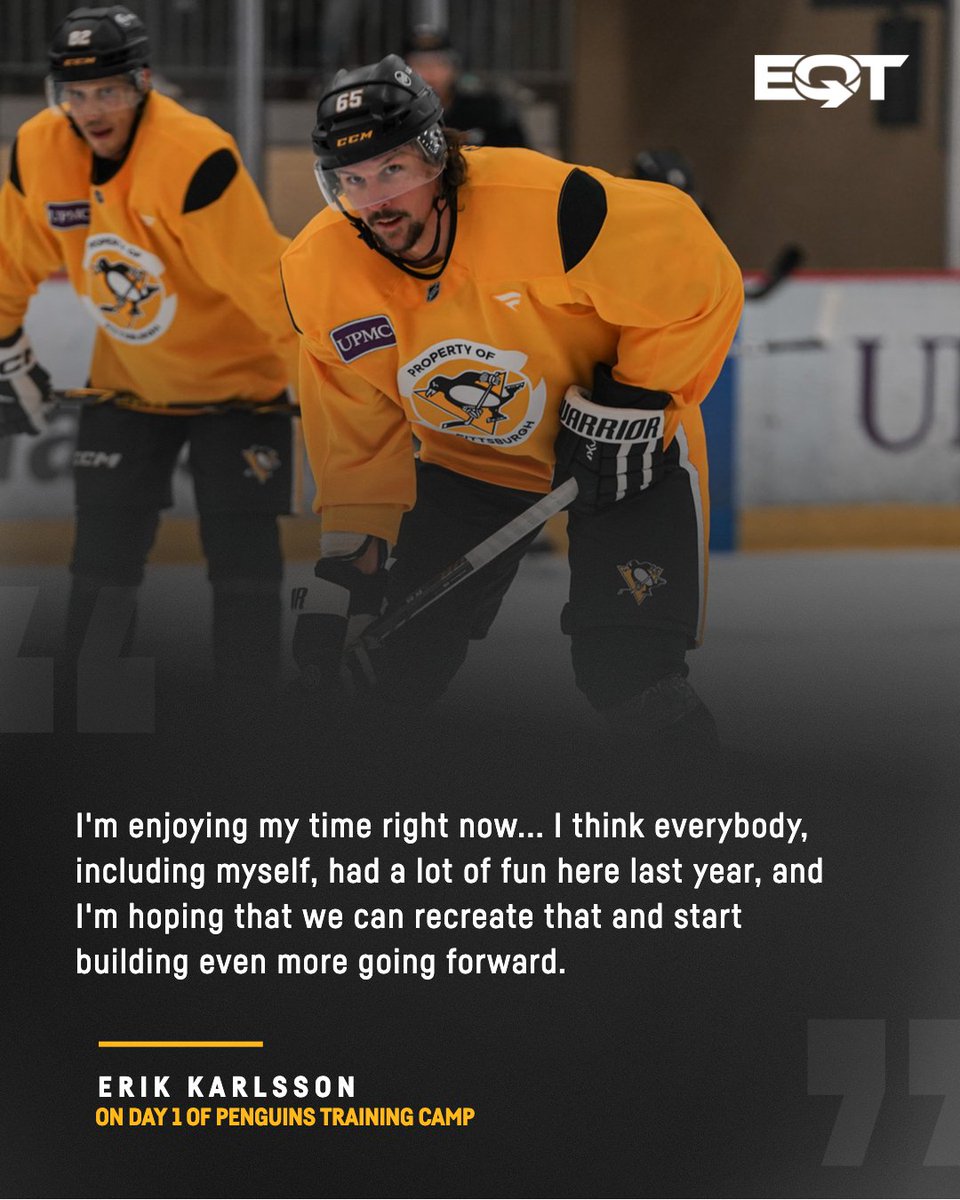 A photo of Erik Karlsson on ice at training camp with the statement, "I'm enjoying my time right now... I think everybody, including myself, had a lot of fun here last year, and I'm hoping that we can recreate that and start building even more going forward.”