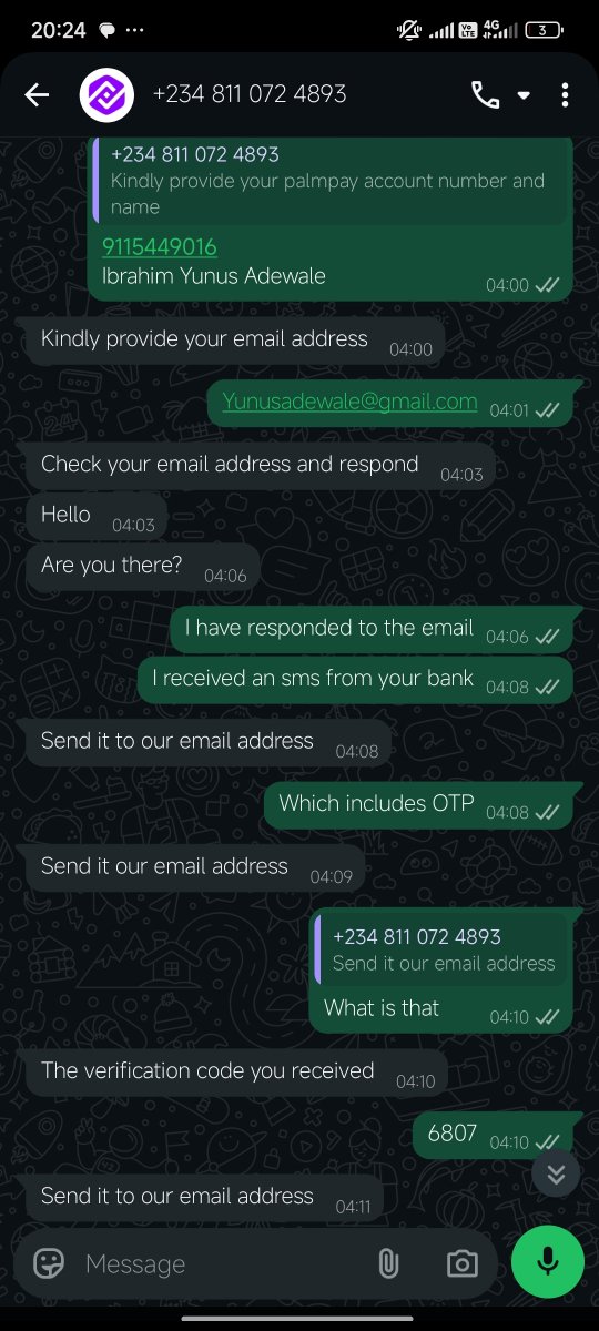 Ibrahim83665541's tweet photo. @palmpay_ng To the extent that someone chatted me around 3am that she's from Palmpay and still want to use the avenue of my complaints to get my login details. I had to fake it for him and confirm the palmpay official email address. YOU CAN NOT RESOLVE THE ISSUE SHAME!!! https://t.co/L1vqawrYlJ