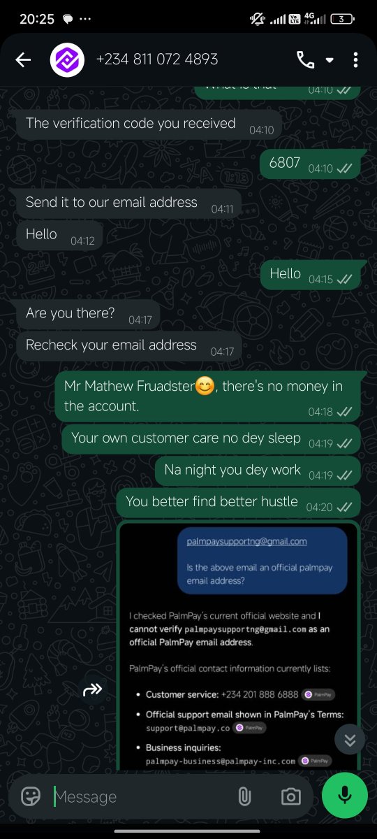 Ibrahim83665541's tweet photo. @palmpay_ng To the extent that someone chatted me around 3am that she's from Palmpay and still want to use the avenue of my complaints to get my login details. I had to fake it for him and confirm the palmpay official email address. YOU CAN NOT RESOLVE THE ISSUE SHAME!!! https://t.co/L1vqawrYlJ