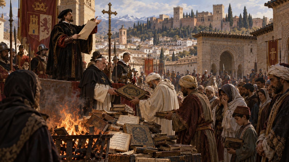 Oncle_Zouhair's tweet photo. Après la chute de Grenade en 1492, les garanties accordées aux musulmans furent peu à peu remises en cause.

Le 12 octobre 1501, Isabelle de Castille et Ferdinand d’Aragon adressèrent aux autorités du royaume de Grenade un ordre royal visant les livres islamiques.

Le texte devait être proclamé publiquement dans les places et marchés. 

À partir de cette proclamation, les habitants disposaient de 30 jours pour remettre aux autorités les exemplaires du Coran ainsi que les autres ouvrages liés à la « secte mahométane », selon les termes de l’époque.

Les autorités devaient les faire brûler publiquement.

L’ordre prévoyait une sanction extrêmement lourde : quiconque conserverait clandestinement l’un de ces ouvrages risquait la mort et la confiscation de ses biens.