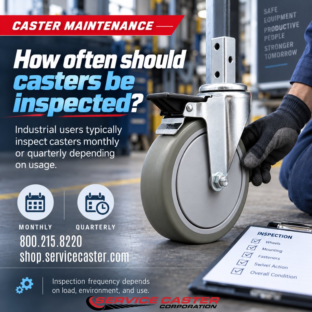 SERVICECASTER's tweet photo. CASTER MAINTENANCE: How often should casters be inspected?
Monthly or quarterly is a good rule of thumb, depending on use.
Regular checks can catch wheel wear, loose hardware, bearing issues, and brake/ swivel problems before they cause downtime.
#CasterMaintenance #ServiceCaster https://t.co/GnsWvB8Pc2