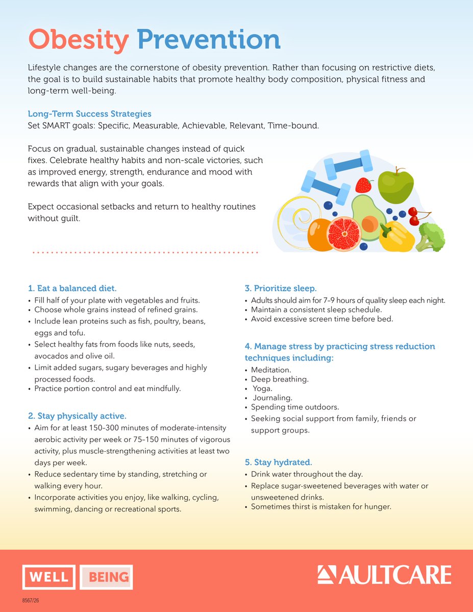 AultCare's tweet photo. Lifestyle changes are the cornerstone of obesity prevention. Rather than focusing on restrictive diets, the goal is to build sustainable habits. Check out the information below to learn how you can make healthy choices a part of your everyday life! https://t.co/4FX444XiiB