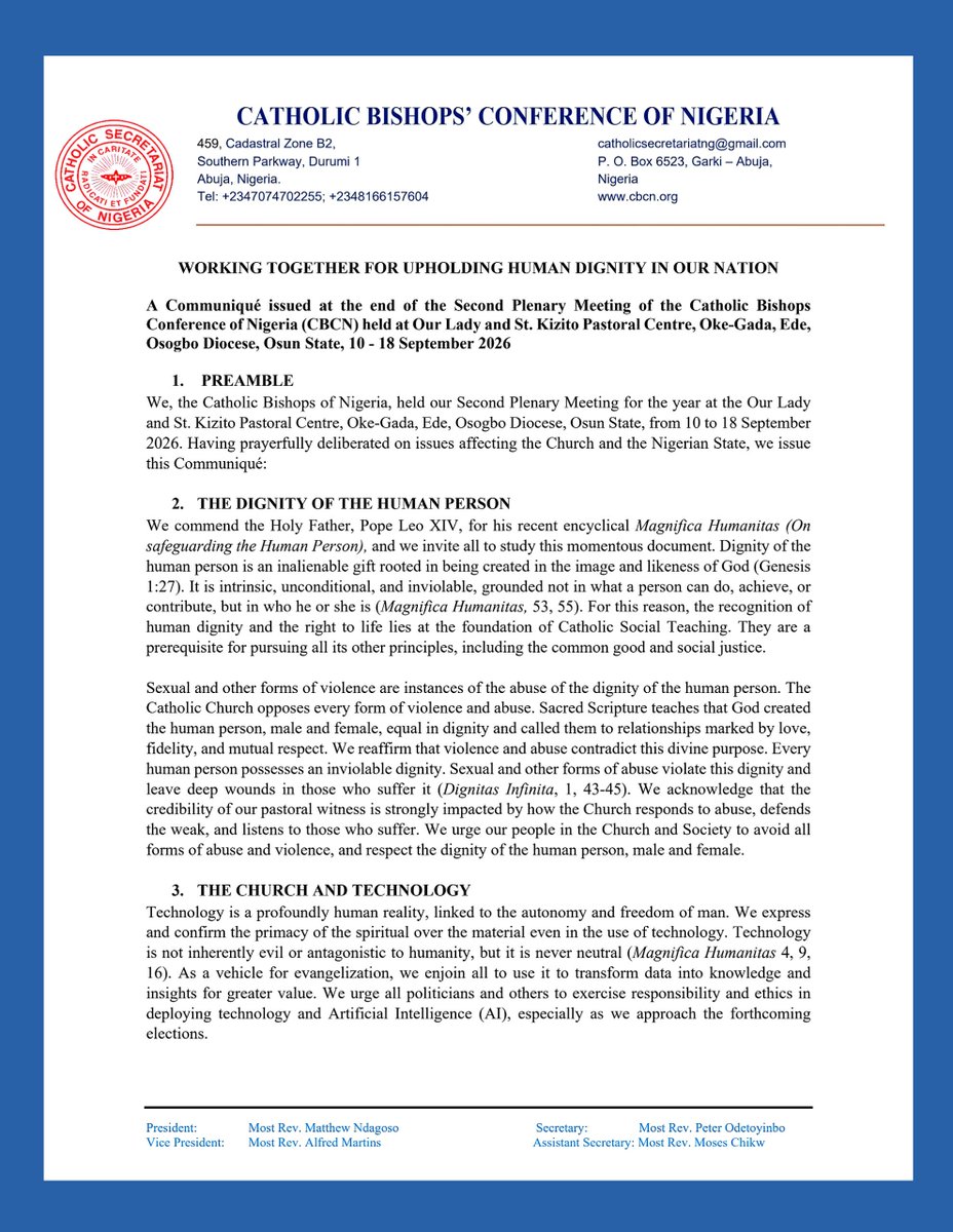 banjoleke's tweet photo. We thank God for the successful conclusion of the Second 2026 CBCN Plenary Assembly. Please, find attached the Communiqué issued at the end of the nine-day gathering. We invite you to read it and reflect prayerfully on its call to each of us to work together for the common good. https://t.co/YvJJql0WBB