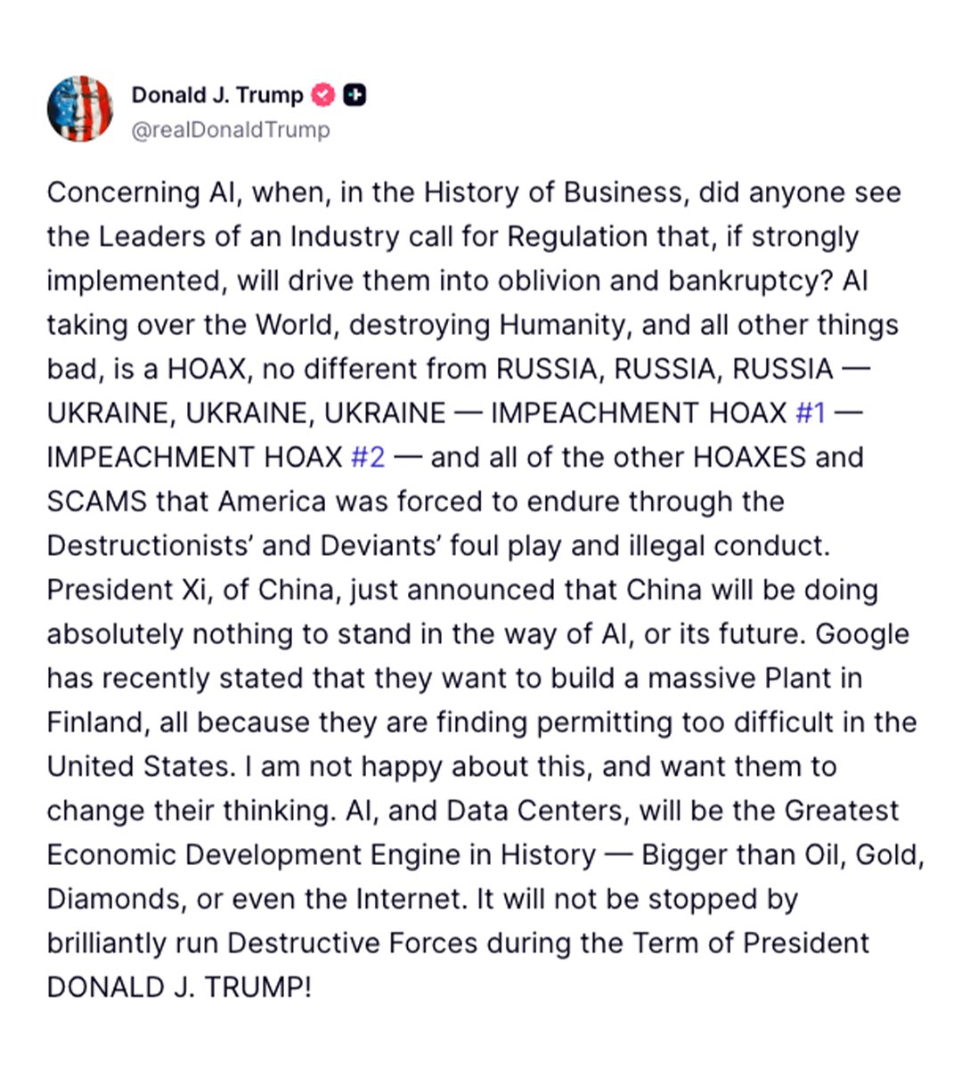 A screenshot of a social media post by Donald J. Trump, with a profile image and a long text post discussing AI, regulation, China, Google, and data centers.