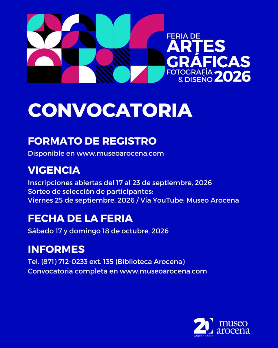 museoarocena's tweet photo. ¡Atención creadores locales!

Convocatoria: Feria de Artes Gráficas, Fotografía y Diseño 2026
Vigencia: 17 al 23 de septiembre
Registro en línea: https://t.co/HEvW5ydi8Y

Convocatoria completa en:
https://t.co/ZfIoMc5awm https://t.co/LZndKK8bYU