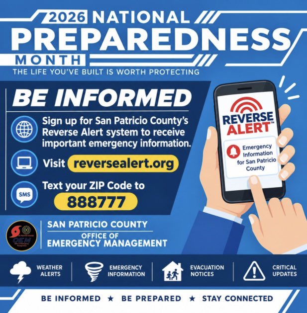 SanPatCountyOEM's tweet photo. 📅 September is National Preparedness Month! 📲

Stay informed before an emergency happens. Sign up for San Patricio County Reverse Alert at https://t.co/NjEPngD7ol or text your ZIP Code to 888777 to receive important emergency updates. 🚨

#SanPatricioCounty #ReverseAlert https://t.co/n9ytSZIoKB