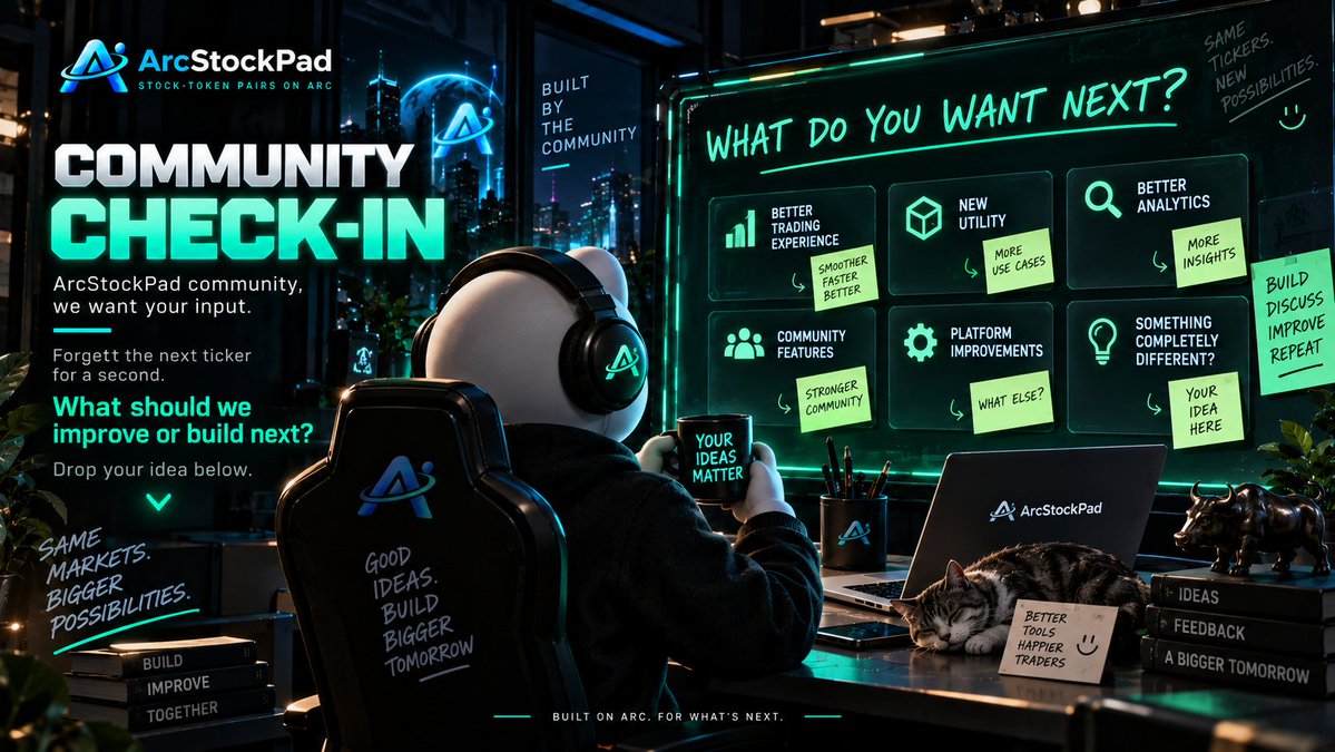 ARCSTOCKPAD's tweet photo. ARCSTOCKPAD COMMUNITY CHECK-IN

ArcStockPad community, we want your input. 🫵Forget the next ticker for a second. What should we improve or build next? Better trading experience? New utility? Better analytics? Something completely different? Drop your idea below. https://t.co/1N2thXNjrA