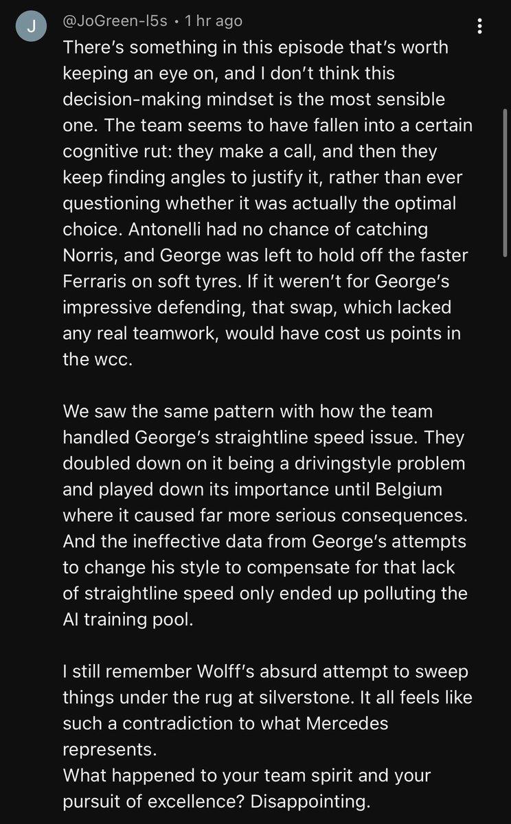 sparkcolonel1's tweet photo. I just remembered this comment from youtube under the video after Zandvoort
the way it describes perfectly what kept happening after Monza and Madrid: they make a decision and then look for arguments to justify it https://t.co/gS121hoKEk