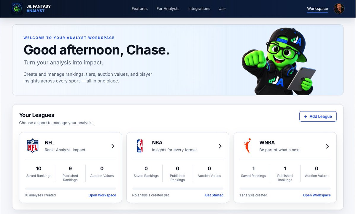 chase_that_'s tweet photo. Are you a fantasy content creator?  Your Jr. Analyst, Ja is free. It provides a workspace you to manage rankings, tiers, auction values and more - preseason, weekly, and ROS. It comes with a public profile. And multiple publishing destinations:

https://t.co/SnNZfK0nNO https://t.co/sgj1AeEZ1L