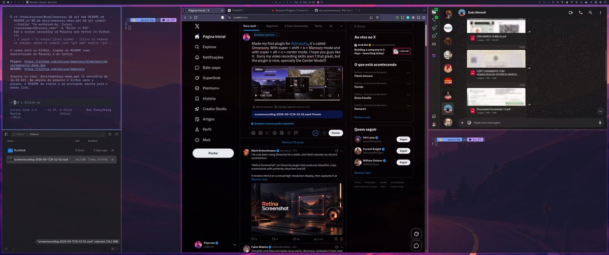 alcure's tweet photo. Made my first plugin for #Omarchy, it`s called Omansory. With super + shift + o = Mansory mode and with super + alt + o = center mode. I hope you guys like it.  Sorry my video recording skills aren´t that great, but the plugin is nice, specially the Center Mode!!! https://t.co/TYrZKvMv4g