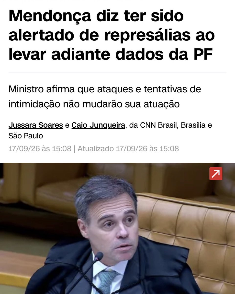 Carareformado's tweet photo. Mendonça disse que recebeu avisos, de forma “implícita e explícita”, de que seria alvo de ataques se desse prosseguimento ao caso Master... Segundo o ministro, as ameaças de retaliação também alcançariam pessoas próximas. Ele afirmou, porém, não ter “nada a temer” e que continuará exercendo suas funções com “serenidade e responsabilidade”.