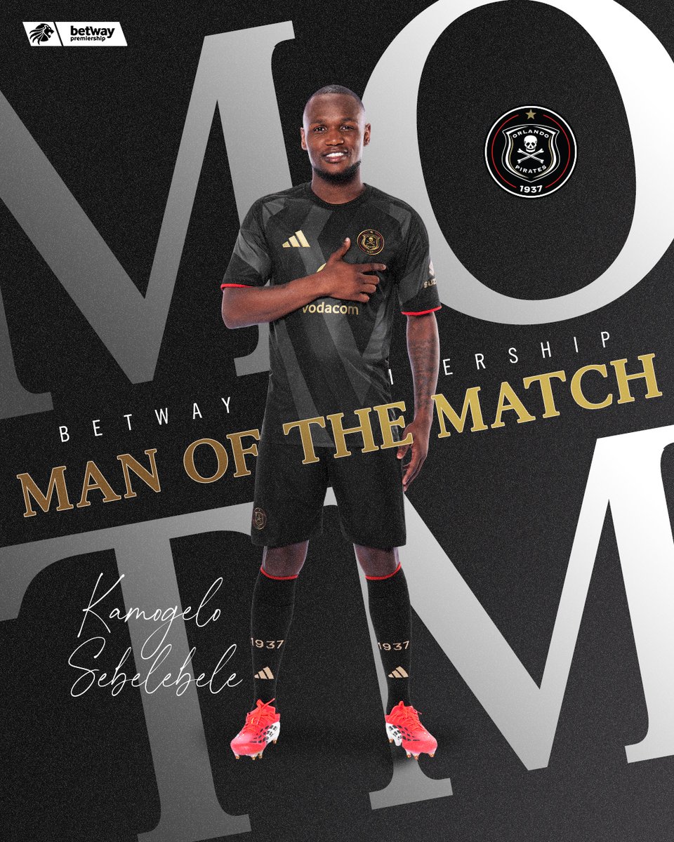 orlandopirates's tweet photo. ☠️ 🤴🏾 Man of the Match | Kamogelo Sebelebele 

@orlandopirates 2 - 0 @DurbanCity_FC 

🥅 Seema 58', Moremi 69'

⚫⚪🔴⭐
#MatchDay
#OrlandoPirates
#OnceAlways https://t.co/QmrUVAg5tF