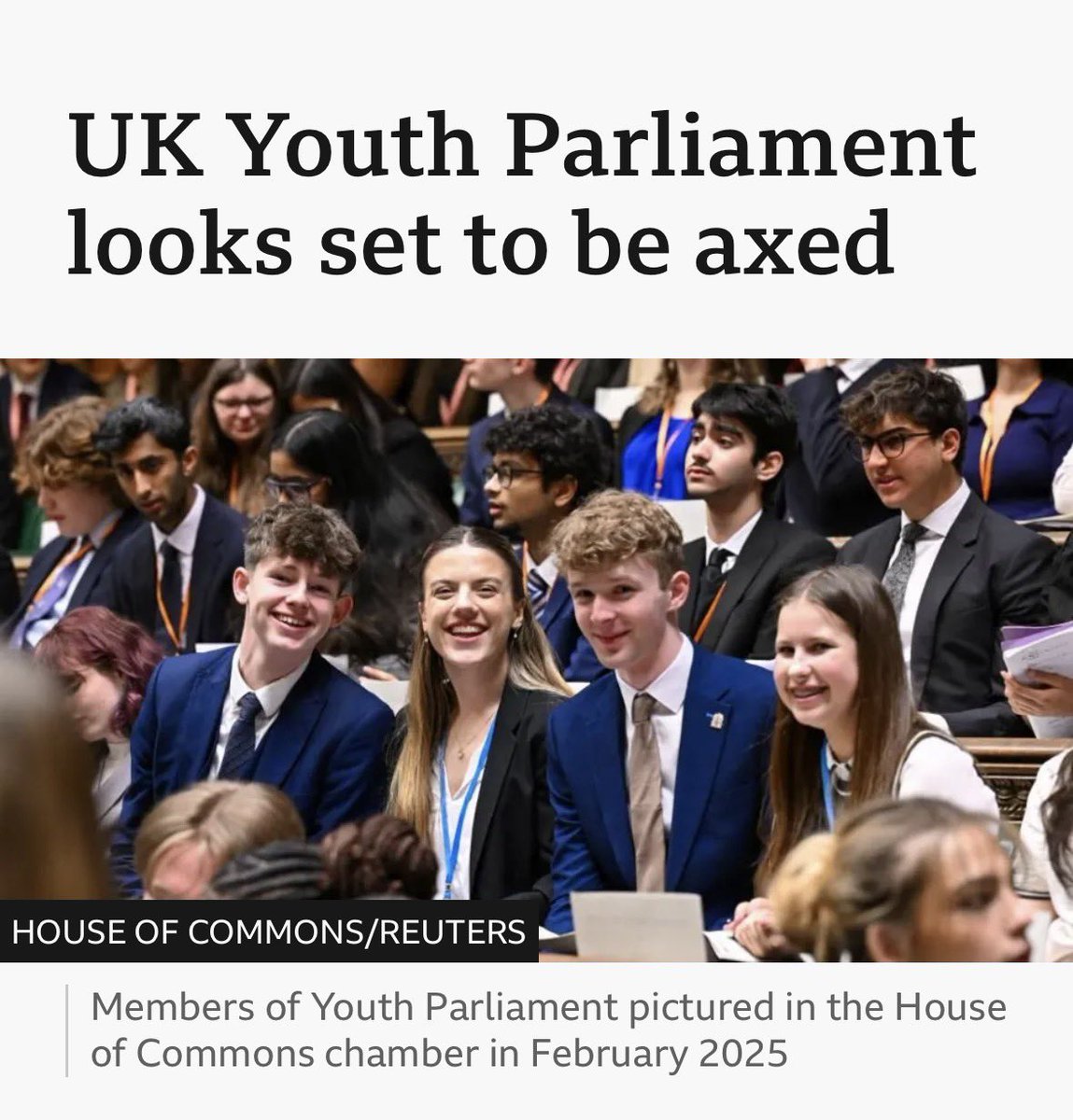 CharlieSimpsonA's tweet photo. As a former member of the UK Youth Parliament, I completely back it being axed. This is great news! It is unfit for purpose and a waste of taxpayer money. The organisation that runs it has radical leftists at the top of its leadership. https://t.co/4mg0QU2nJO