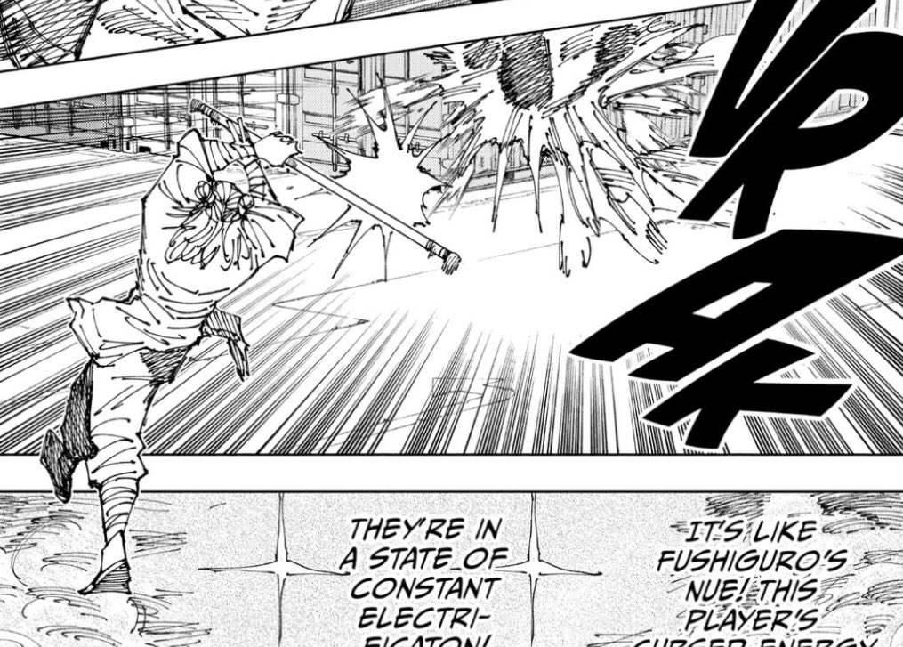 Potentia1Man's tweet photo. He runs forwards yet again, wielding his Nyoi Staff like a baseball player.

He swings it into her back, and he swings it hard. The energy flowing through the staff flows into her too, her body sparking as she’s sent flying.

“Heh, a home run!” https://t.co/UC5nDQ22ic