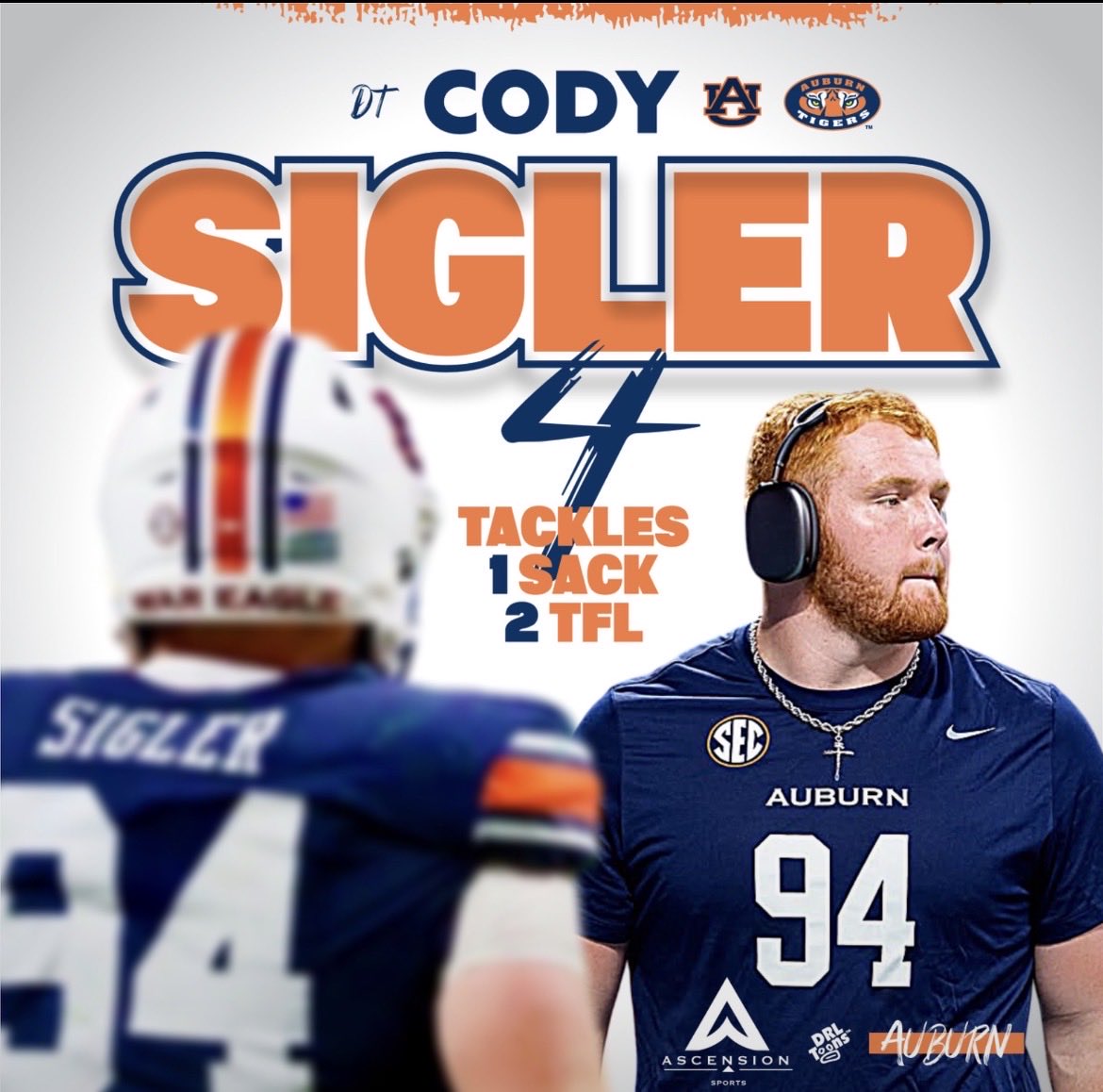AscensionFB1's tweet photo. Cody Sigler making an immediate impact at Auburn. 💥

In last week’s win over Southern Miss:

4 tackles | 1 sack | 2 TFL | 1 safety

Two games. Two starts. Already making his presence felt up front.

#AscensionFootball #BuiltFromTheLOS https://t.co/HqMQtKzPQ0