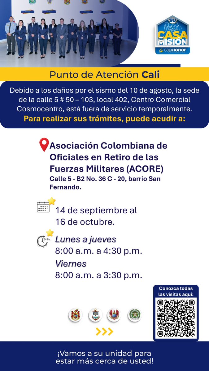 CajaHonor's tweet photo. ¡Atención, Cali! 📍

Habilitamos un punto de atención temporal para continuar acompañándole en sus trámites:

🏢 Asociación Colombiana de Oficiales en Retiro de las Fuerzas Militares-ACORE
📍 Calle 5 - B2 No. 36 C - 20, barrio San Fernando

¡Caja Honor: más cerca de usted! 💙 https://t.co/jXVmM2peu7