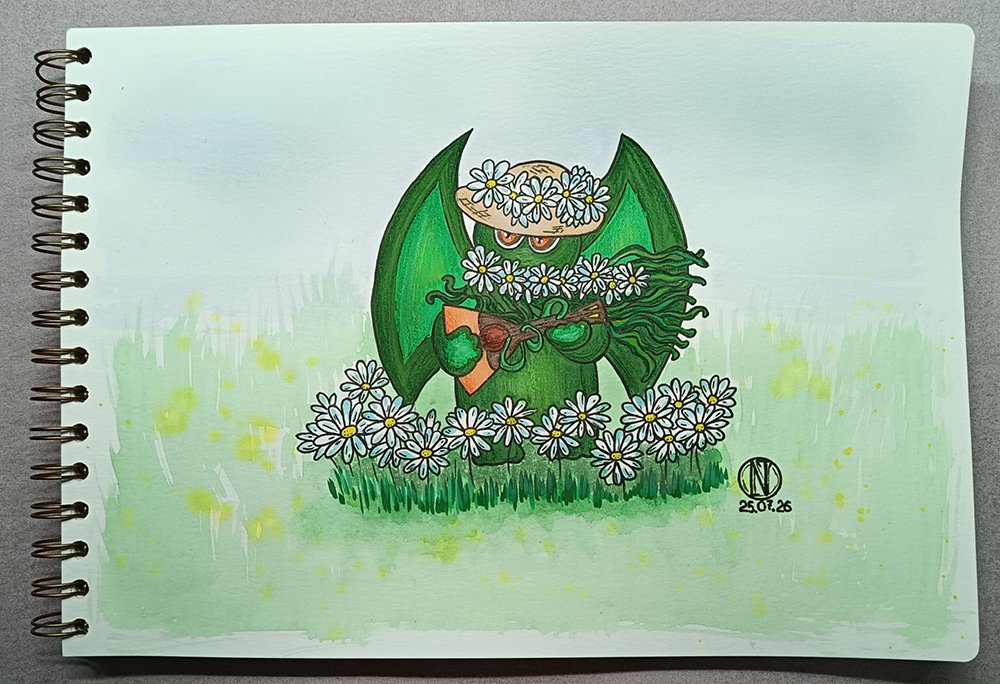 SmokeyCatDiary's tweet photo. Внезапно обнаружила, что не показывала тут свой рисунок с Фандомной битвы. Непорядок!)
Помнится, зимой был Ктулху на санях с баяном, а летом вот с балалайкой на ромашковом поле)) https://t.co/Z7ISRUP7r1