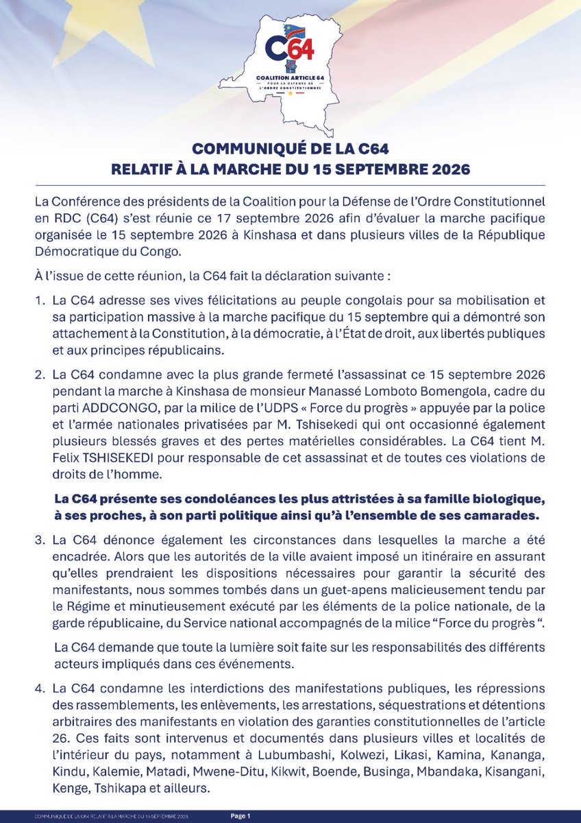 OMELONGA_LENS's tweet photo. #RDC DÉCLARATION DE LA COALITION ARTICLE 64, BLOC DE L’OPPOSITION POUR LA DEFENSE DE L’ORDRE CONSTITUTIONNEL 

La Coalition Article 64 met en cause la responsabilité politique et pénale de Monsieur Félix Tshisekedi et son regime dans la planification de l’élimination des opposants en raison de leur opinion