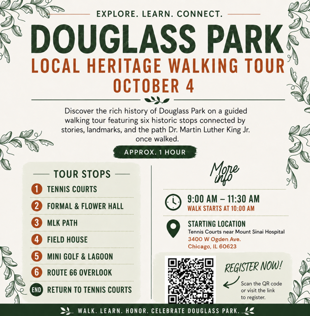 equiticity's tweet photo. Explore Chicago history with Equiticity! 🚶🏾‍♀️🌿 Join us Oct. 4 for Walking History at Douglass Park. Discover local landmarks, community spaces &amp; the path Dr. Martin Luther King Jr. once walked. FREE event! Register here: https://t.co/q4hLeteptp https://t.co/8BTqU7pelm